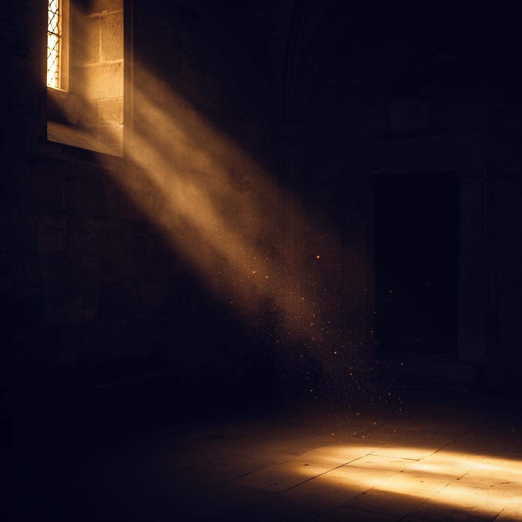 Rayo de luz cálida entrando en una sala oscura