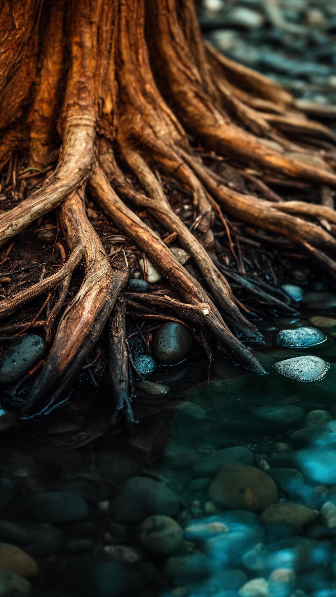 Raíces entrelazadas con agua y piedras